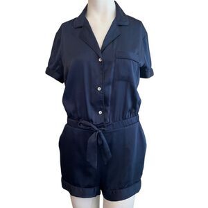 Victoria's Secret Ladies Medium Short Sleeve Navy Blue Satin Sleep Lounge Romper
